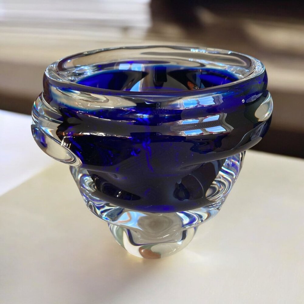 Vintage Art Glass Vase With Swirled Design Cobalt Blue & Clear Handcrafted Decor